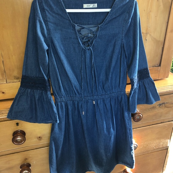 DEX denim jean dress crochet Bohemian romantic feminine gypsy small hippie - Picture 12 of 15